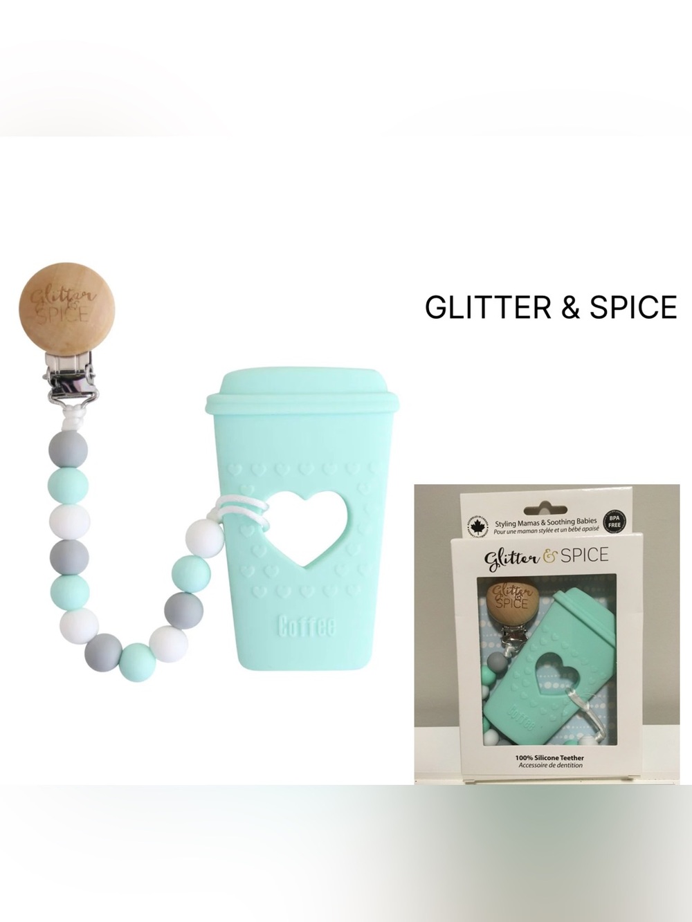 GLITTER & SPICE - NWT - AQUA BLUE COFFEE SILICONE TEETHER / PACIFIER CLIP